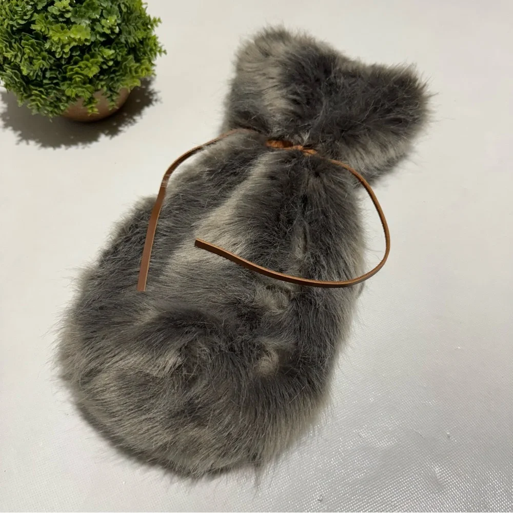 Restoration Hardware Gray Faux Fur Bag Leather‎ Tie Winter Fall Christmas Gift